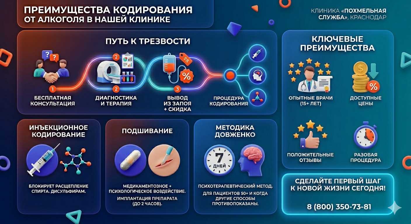 Инфографика о методах кодирования от алкоголя в Ворсме: инъекции, подшивание, метод Довженко. Преимущества клиники и этапы лечения.